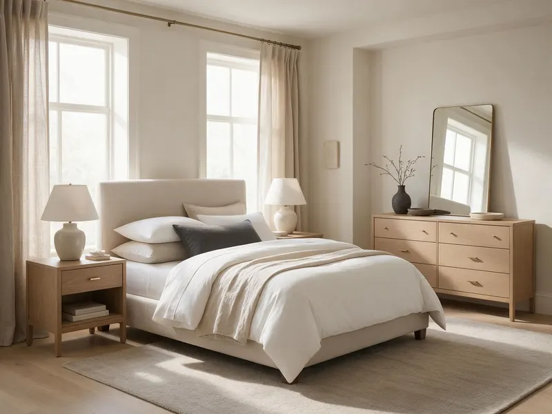 Example of a neat furnished bedroom with soft bedding