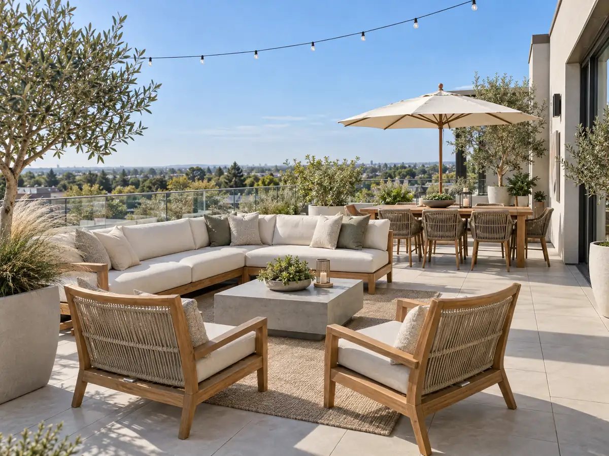Example of a furnished rooftop terrace with outdoor seating