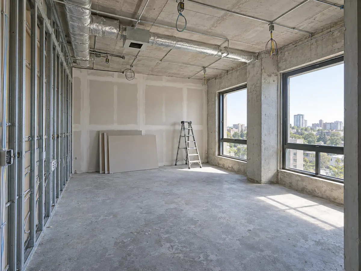 Example before: an unfinished room with bare concrete and exposed studs