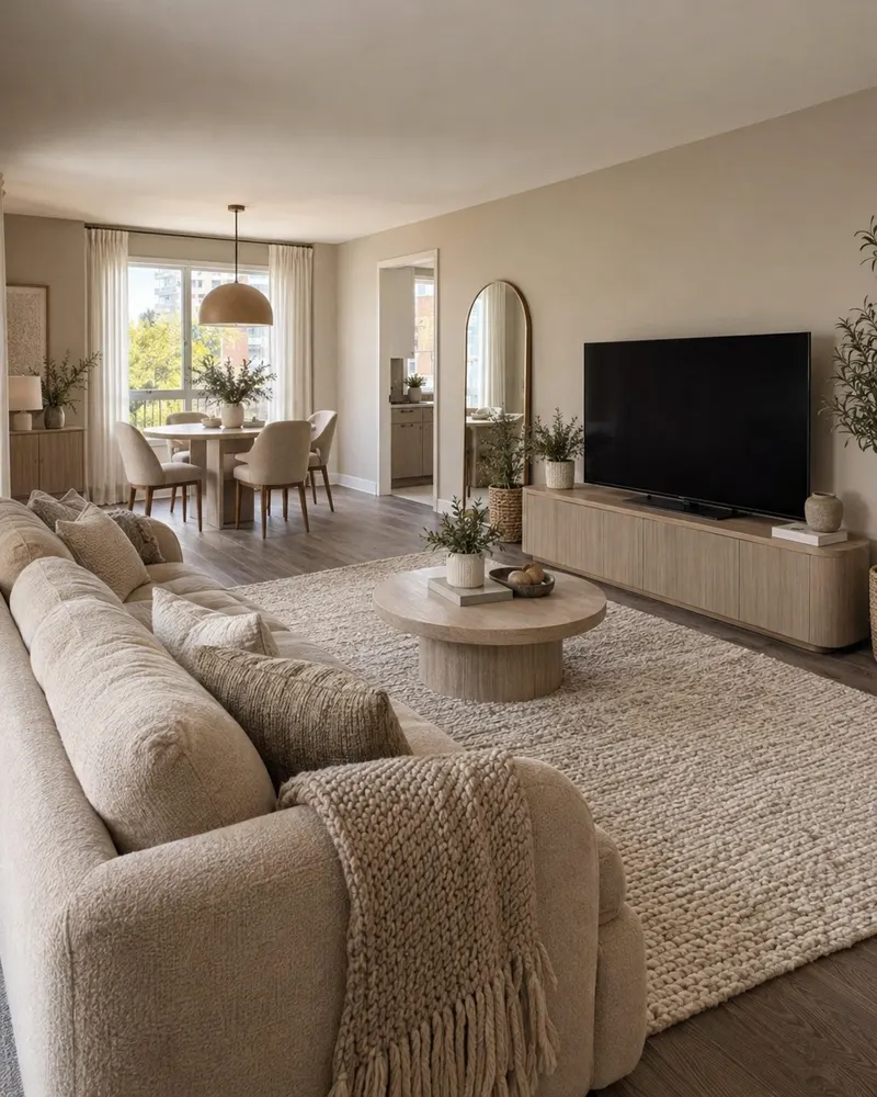 Example of a Soft and Cozy living room with a rounded sofa, throws and soft lighting