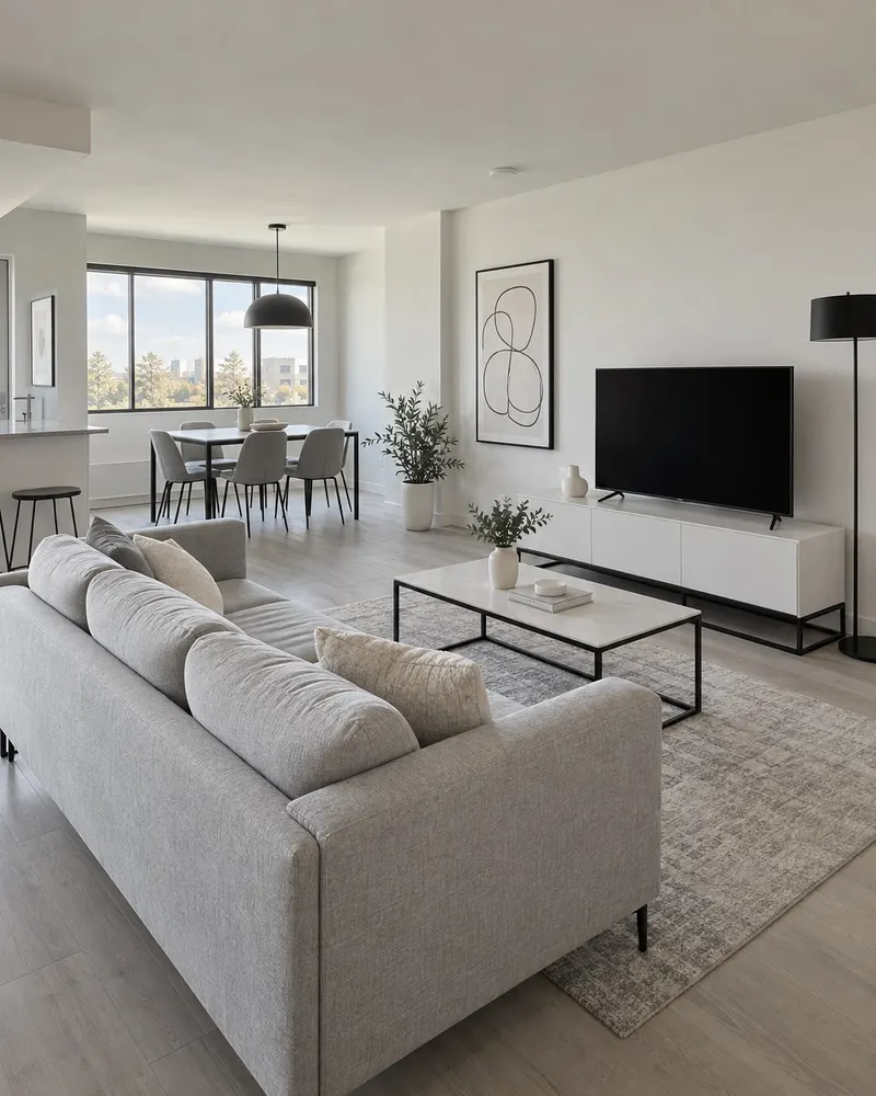 Example of a Modern Clean living room with a light sofa, round coffee table and black accents