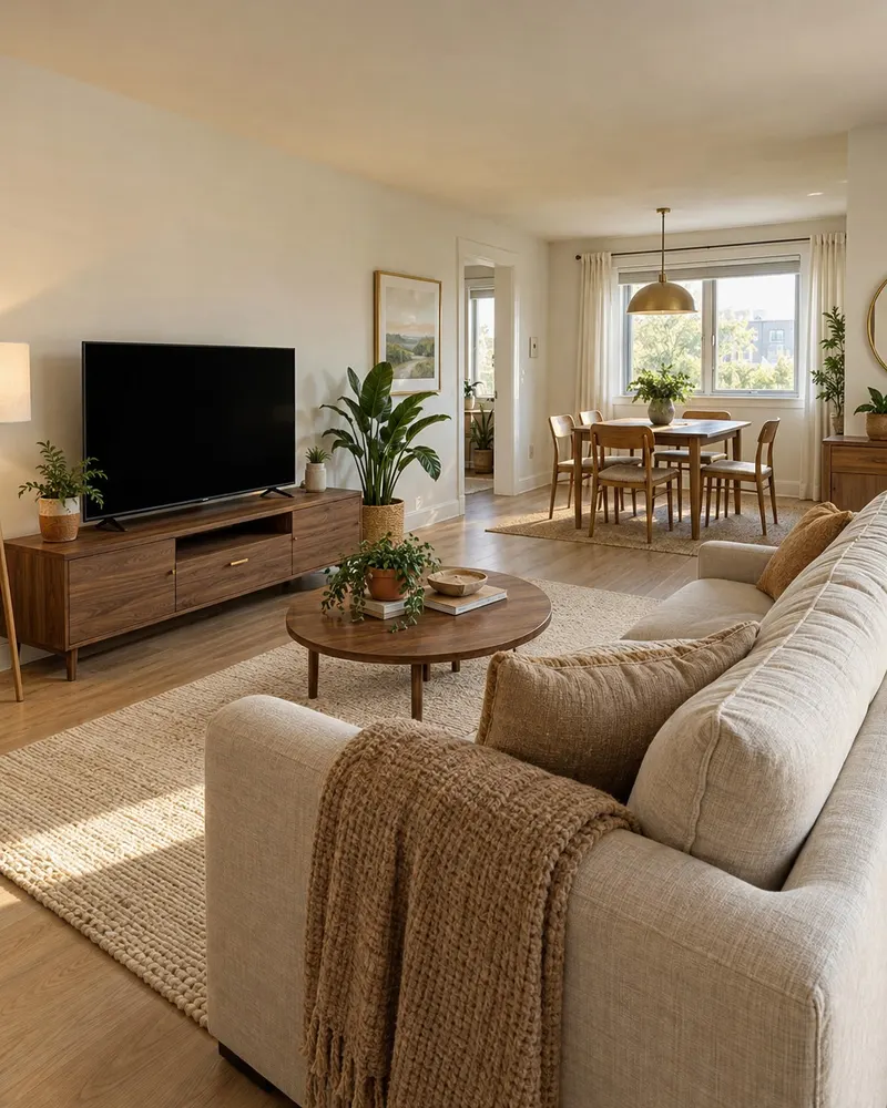 Example of a Warm Wood living room with wood furniture, plants and warm lighting