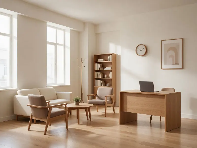 Example of an office reception area with seating and a desk